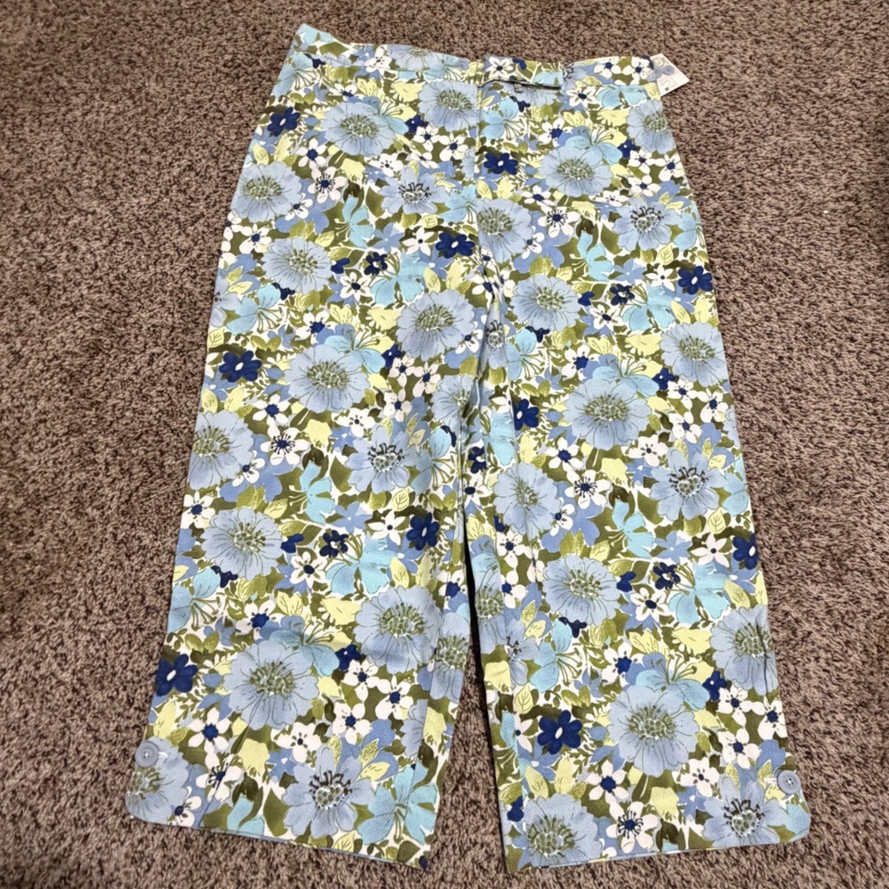 Jaclyn Smith Womens 18W Blue Green Floral Cropped Capri Pants High Rise Stretch